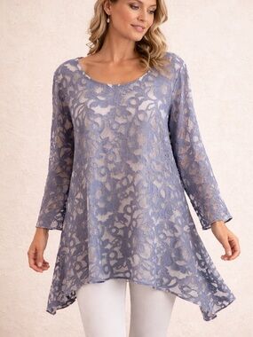 Dusty Blue Lace Tunic XL Sheer Boho Lagenlook Flowy Top USA